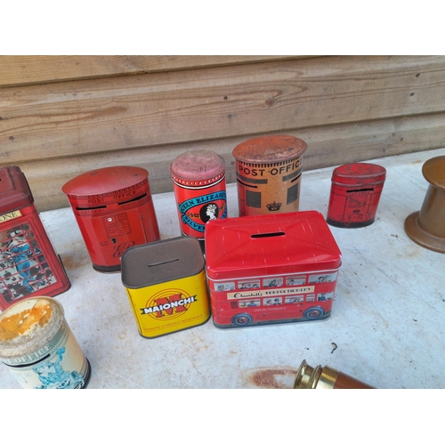 11 - Vintage money box tins, ebony brushes with small amount of silver on backs etc.