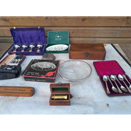 13 - Box of oddments : silver plated spoons, binoculars, tourist ware, reproduction telescope in hardwood... 