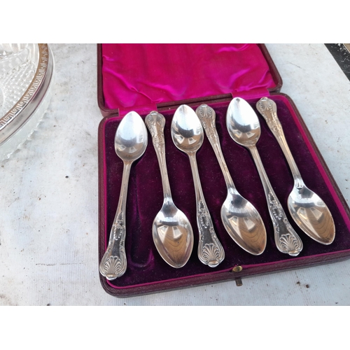 13 - Box of oddments : silver plated spoons, binoculars, tourist ware, reproduction telescope in hardwood... 