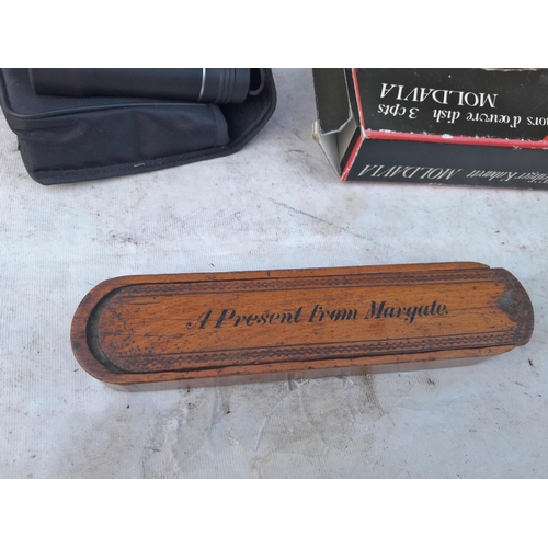 13 - Box of oddments : silver plated spoons, binoculars, tourist ware, reproduction telescope in hardwood... 