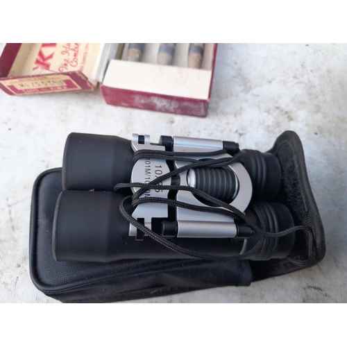 13 - Box of oddments : silver plated spoons, binoculars, tourist ware, reproduction telescope in hardwood... 