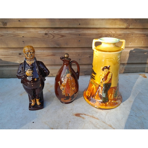 20 - Damaged Doulton advertising flask, chipped flow blue meat charger and other ceramics & pair of resin... 