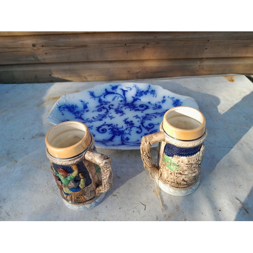 20 - Damaged Doulton advertising flask, chipped flow blue meat charger and other ceramics & pair of resin... 