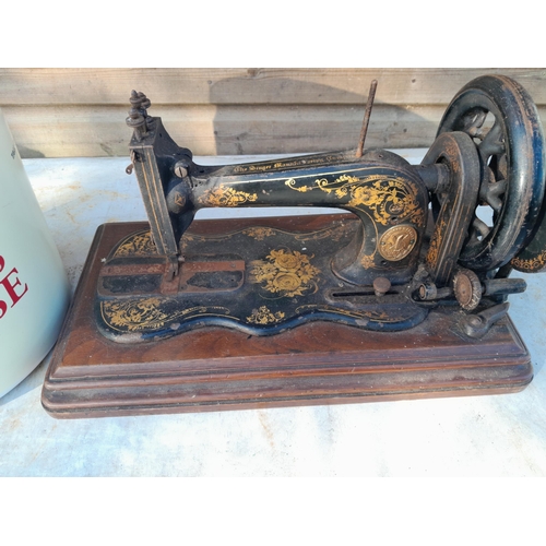 26 - 19th century fiddle base sewing machine no box & plastic advertising ice bucket