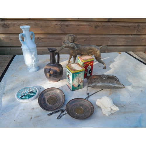 28 - Box of oddments : brass dog ornament, tins, ceramics and other items