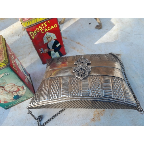 28 - Box of oddments : brass dog ornament, tins, ceramics and other items