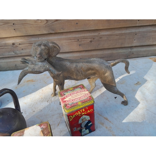 28 - Box of oddments : brass dog ornament, tins, ceramics and other items