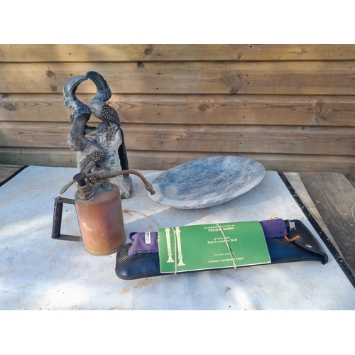 29 - Carved African soapstone figure of birds with soapstone dish & recorders