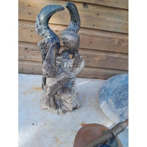 29 - Carved African soapstone figure of birds with soapstone dish & recorders