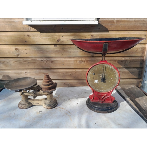 33 - World War II era post office scales, tin trunk and modern double sided post office scales & kitchen ... 