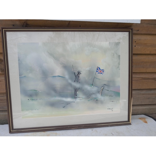 45 - Modern gouache by W Hackett copyright 1990 F&G with Barbican Gallery label on reverse