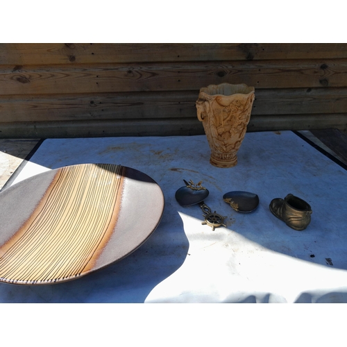 48 - Box of oddments : tin sign modern, resin ornament, car related manuals, prints, African walking stic... 