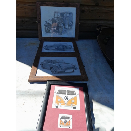 48 - Box of oddments : tin sign modern, resin ornament, car related manuals, prints, African walking stic... 