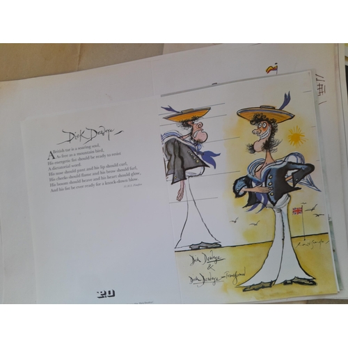 48 - Box of oddments : tin sign modern, resin ornament, car related manuals, prints, African walking stic... 