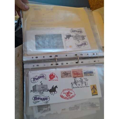 50 - Box of oddments : Prinz binoculars, brassware, stamps First Day Covers and other items