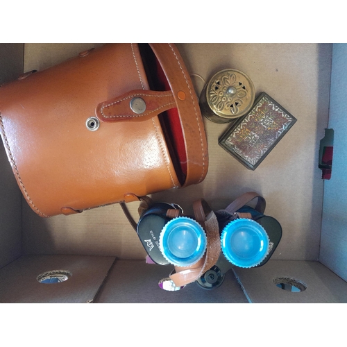 50 - Box of oddments : Prinz binoculars, brassware, stamps First Day Covers and other items