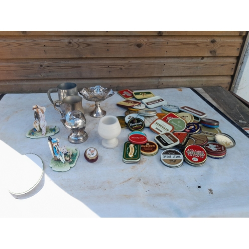 52 - Box of oddments : pottery, plated ware, advertising tin lids