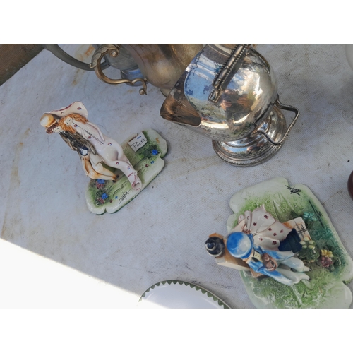 52 - Box of oddments : pottery, plated ware, advertising tin lids