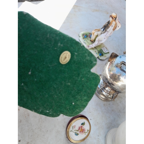 52 - Box of oddments : pottery, plated ware, advertising tin lids