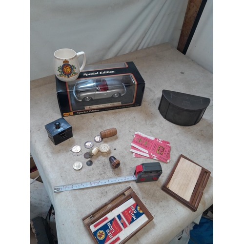 61 - Box of oddments : 19th century bone tape etc. (sewing interest), wooden pin case, boxed die cast toy... 