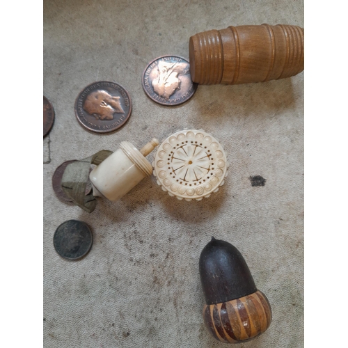 61 - Box of oddments : 19th century bone tape etc. (sewing interest), wooden pin case, boxed die cast toy... 