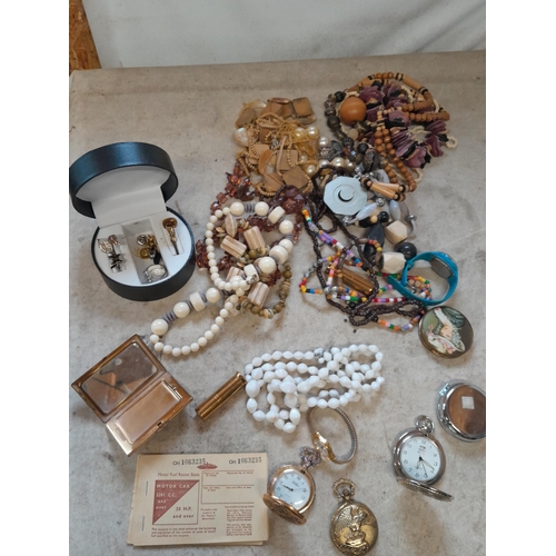 62 - Costume jewellery : modern pocket watches, necklaces etc.