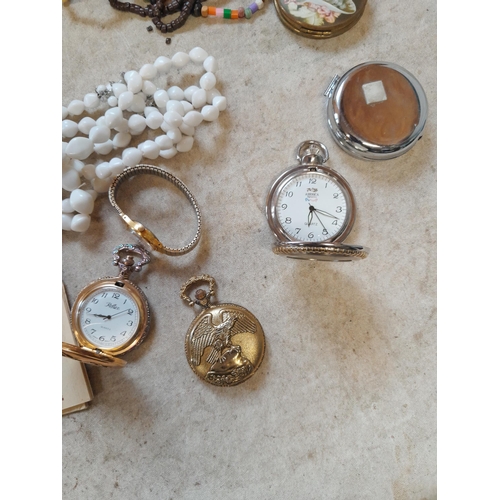 62 - Costume jewellery : modern pocket watches, necklaces etc.