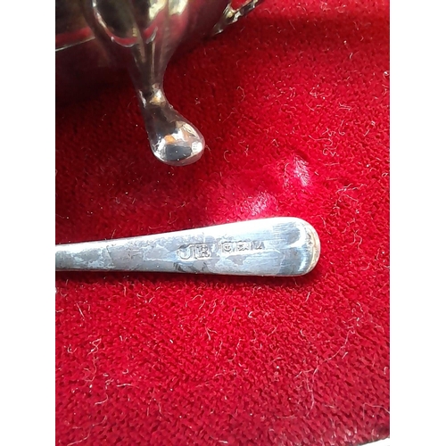 78 - Silver table salt cruet set with blue glass liners  in box of issue Birm 1970 John Rose 125 g