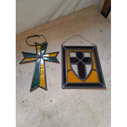 93 - 2 x pieces of quasi religious  leaded glass panels