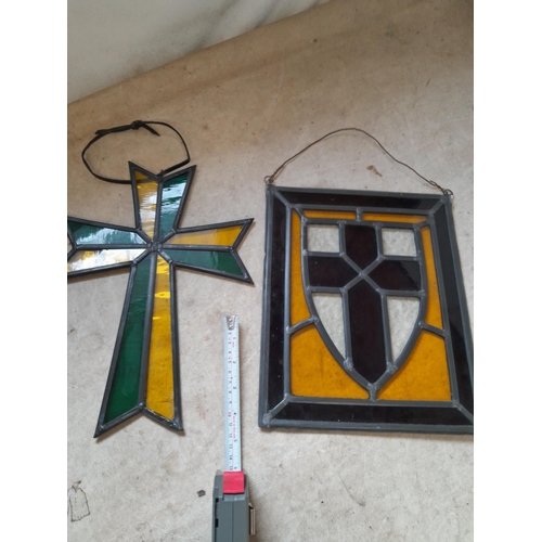 93 - 2 x pieces of quasi religious  leaded glass panels