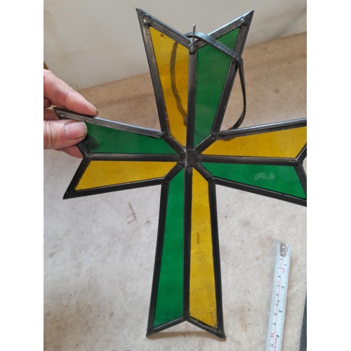 93 - 2 x pieces of quasi religious  leaded glass panels