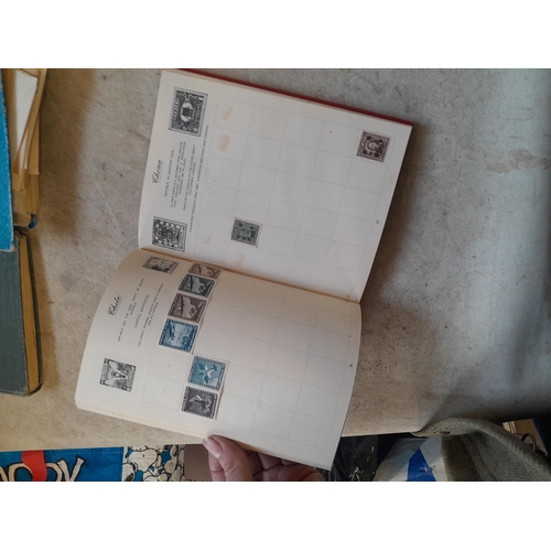 136 - Stamps: a box of stamps albums, ice cream carton of stamps on paper and loose, mixed era world stamp... 