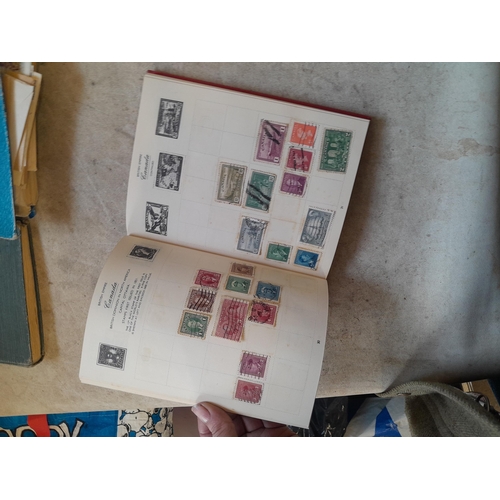136 - Stamps: a box of stamps albums, ice cream carton of stamps on paper and loose, mixed era world stamp... 