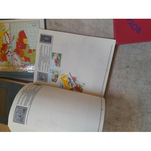 136 - Stamps: a box of stamps albums, ice cream carton of stamps on paper and loose, mixed era world stamp... 