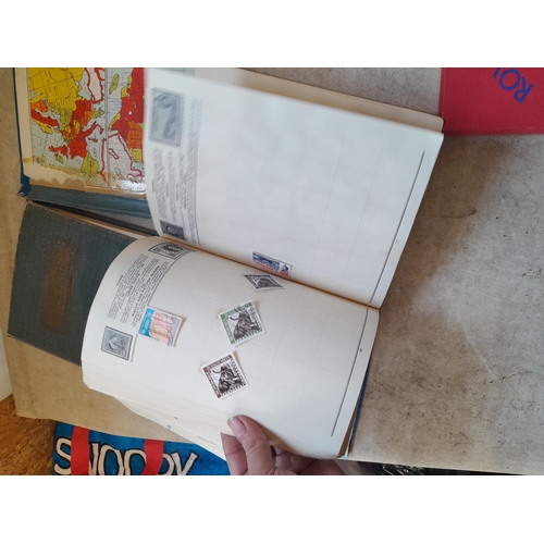 136 - Stamps: a box of stamps albums, ice cream carton of stamps on paper and loose, mixed era world stamp... 