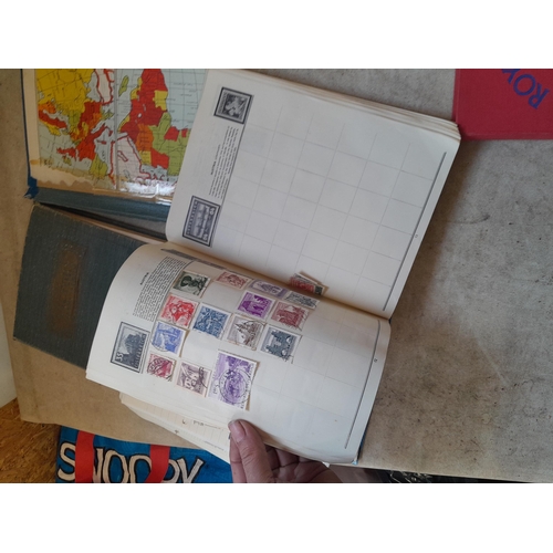 136 - Stamps: a box of stamps albums, ice cream carton of stamps on paper and loose, mixed era world stamp... 