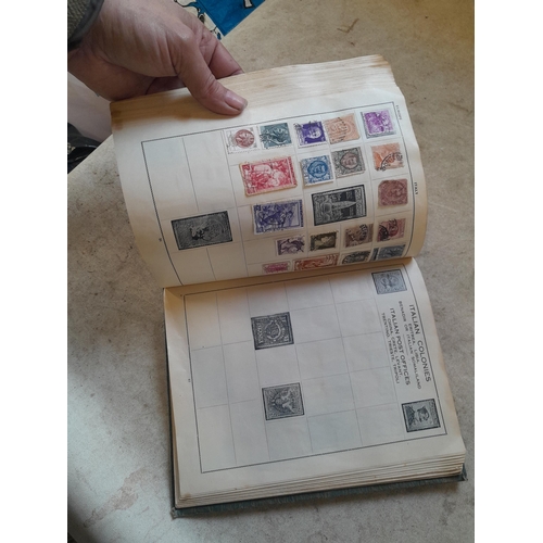 136 - Stamps: a box of stamps albums, ice cream carton of stamps on paper and loose, mixed era world stamp... 