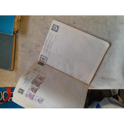 136 - Stamps: a box of stamps albums, ice cream carton of stamps on paper and loose, mixed era world stamp... 