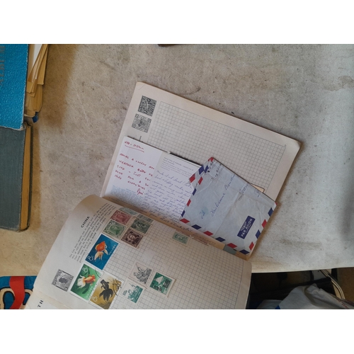 136 - Stamps: a box of stamps albums, ice cream carton of stamps on paper and loose, mixed era world stamp... 