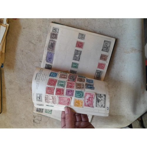 136 - Stamps: a box of stamps albums, ice cream carton of stamps on paper and loose, mixed era world stamp... 