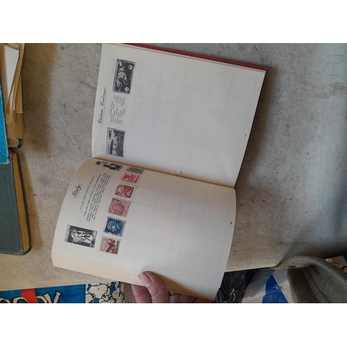 136 - Stamps: a box of stamps albums, ice cream carton of stamps on paper and loose, mixed era world stamp... 