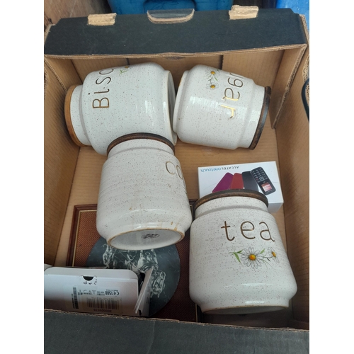 150 - Kenwood mini system for repair, Sky box, Panasonic DVD player and pottery storage jars