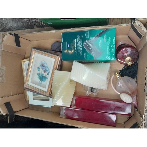 155 - Box of oddments : candles perfume atomiser etc.