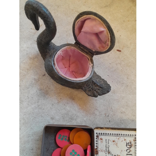 161 - Early 20th century pewter swan casket, Tunbridge ware box , miniature dominoes etc.