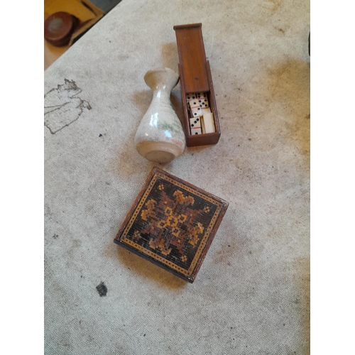 161 - Early 20th century pewter swan casket, Tunbridge ware box , miniature dominoes etc.