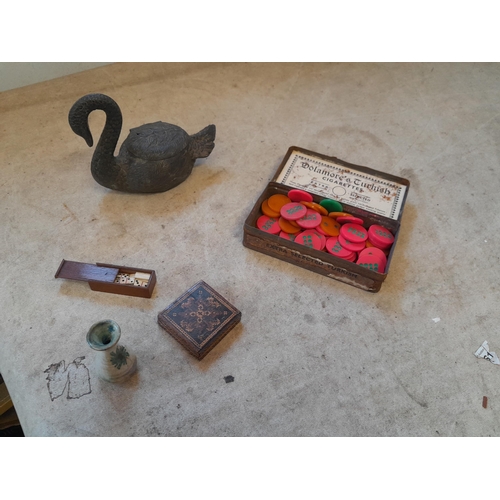 161 - Early 20th century pewter swan casket, Tunbridge ware box , miniature dominoes etc.