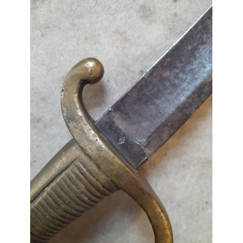 169 - 19th century French made Briquet sword, with brass handle, curved steel blade with stamps, no scabba... 