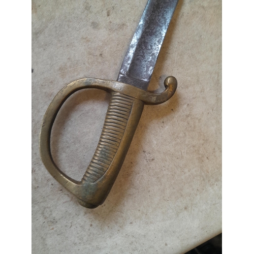 169 - 19th century French made Briquet sword, with brass handle, curved steel blade with stamps, no scabba... 