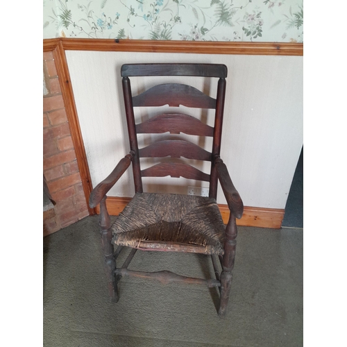 174 - 19th century ladderback carver chair & 2 oak drop seat barley twist chairs