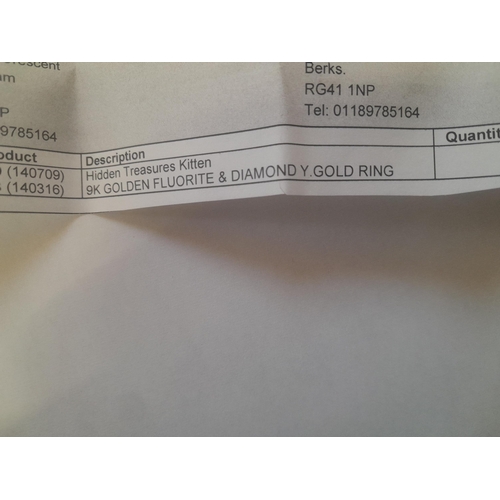 175 - 9 KT gold ring set with golden fluorite size N , gross weight 5 g in a box of issue with associated ... 